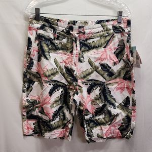 PER SE Green and Pink Tropical Print Linen Shorts Size Medium